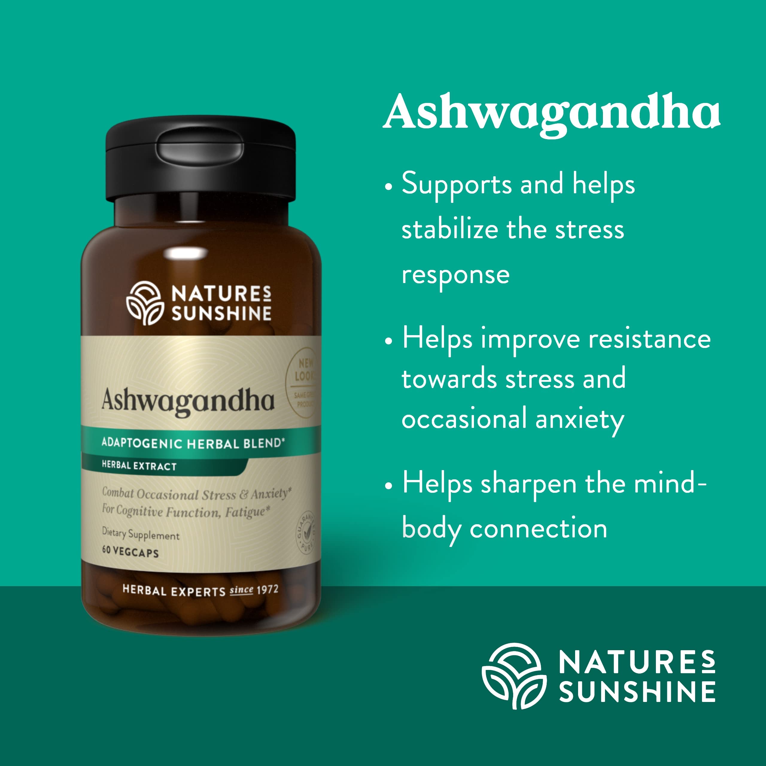Nature's Sunshine Ashwagandha bottle pour demonstrates easy daily usage.