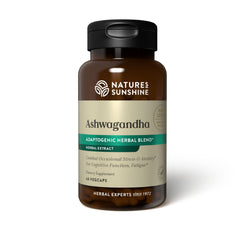 Nature's Sunshine Ashwagandha vegcaps bottle shows convenient adaptogenic support for daily balance.