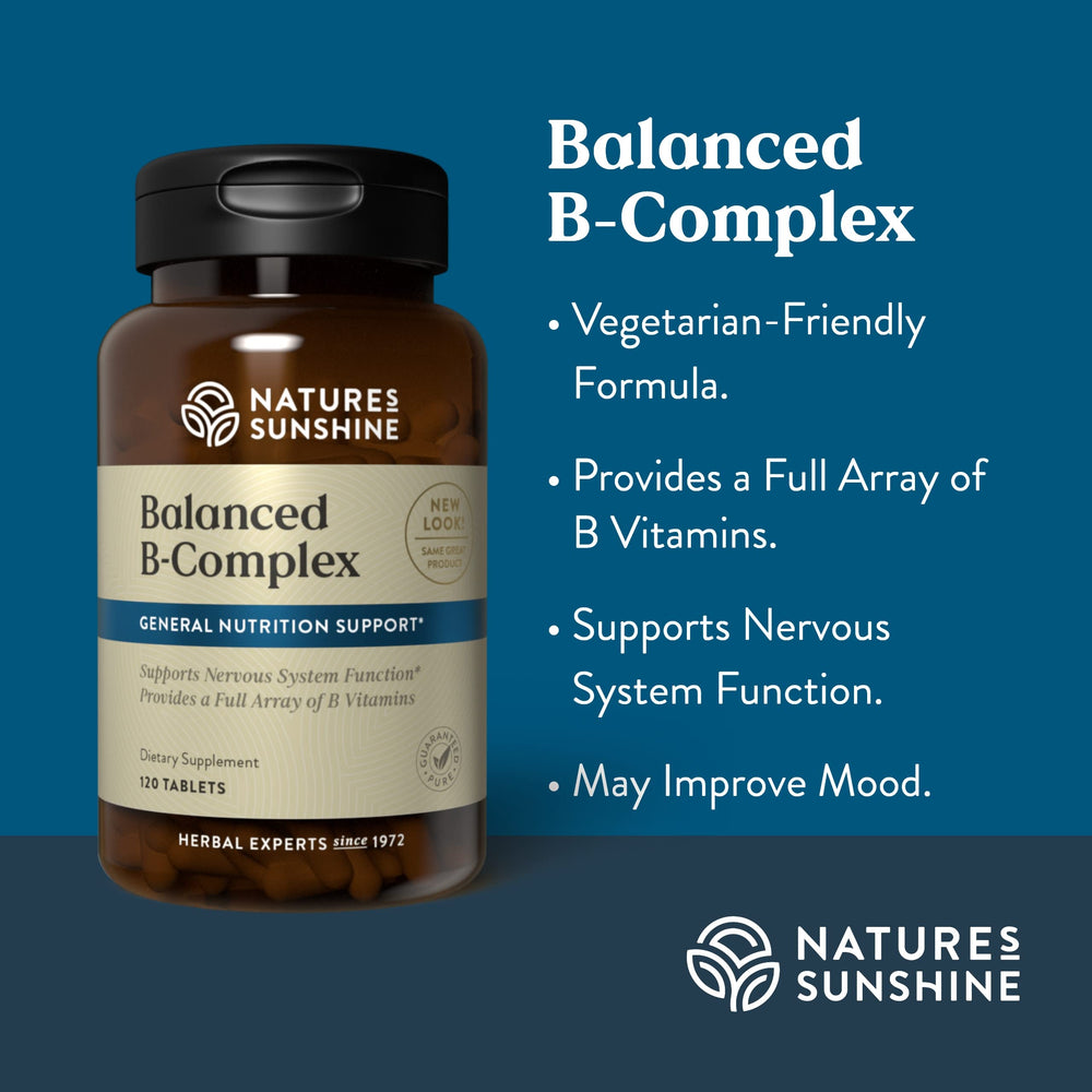 Nature's Sunshine Balanced B Complex tablet display – portable daily dosage.
