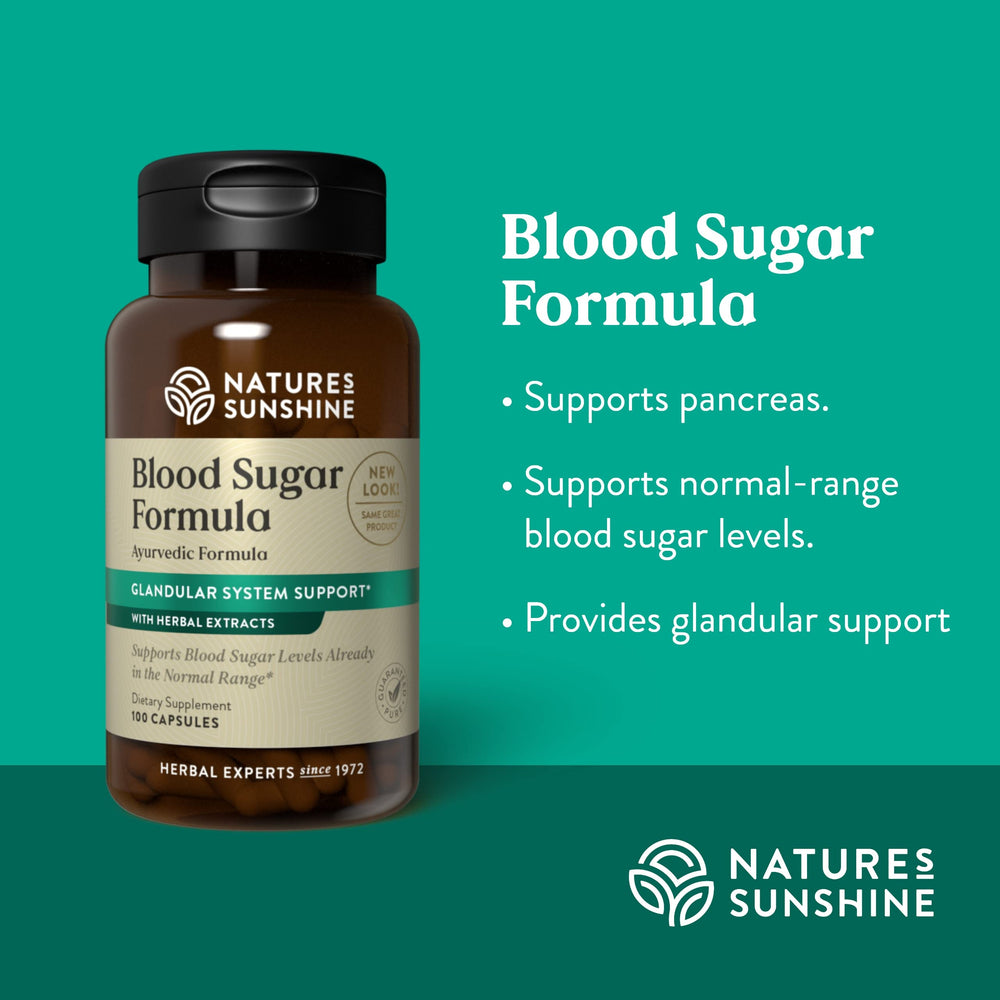Nature's Sunshine Blood Sugar Formula bottle pour demonstrates easy serving