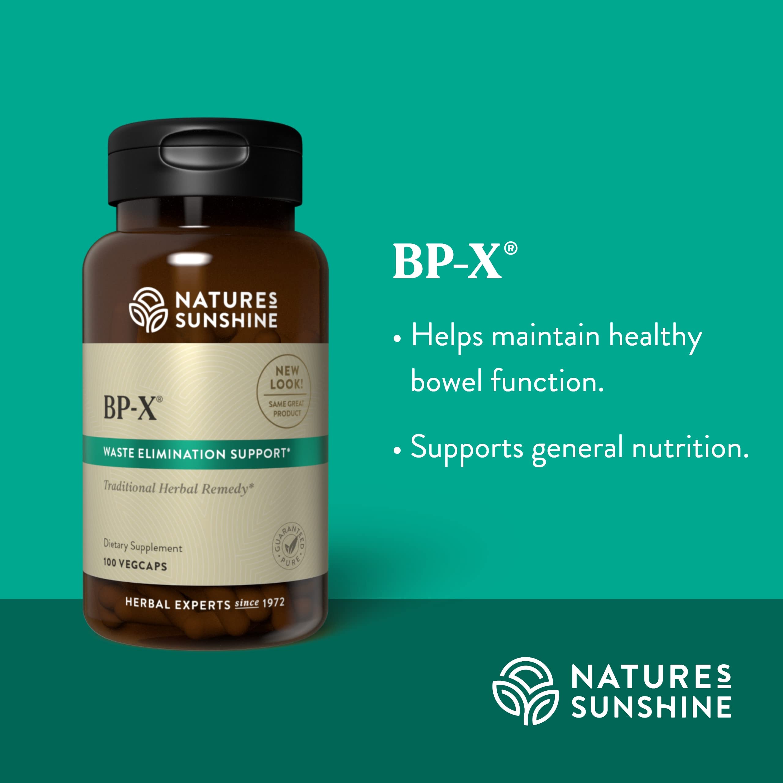 Nature's Sunshine BP-X bottle pour showing easy daily dosing.