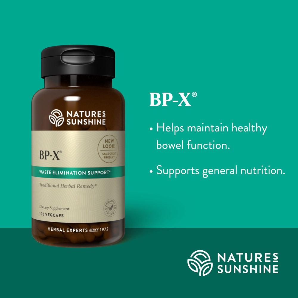Nature's Sunshine BP-X bottle pour showing easy daily dosing.