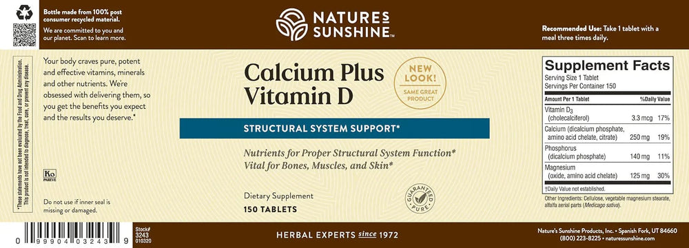 Reverse label on Nature's Sunshine Calcium Plus Vitamin D bottle shows dosage information