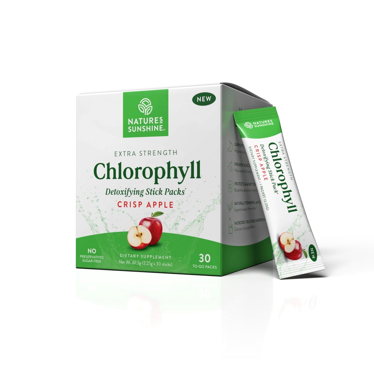 Nature's Sunshine chlorophyll stick pack ready to mix for on-the-go detox with Crisp Apple