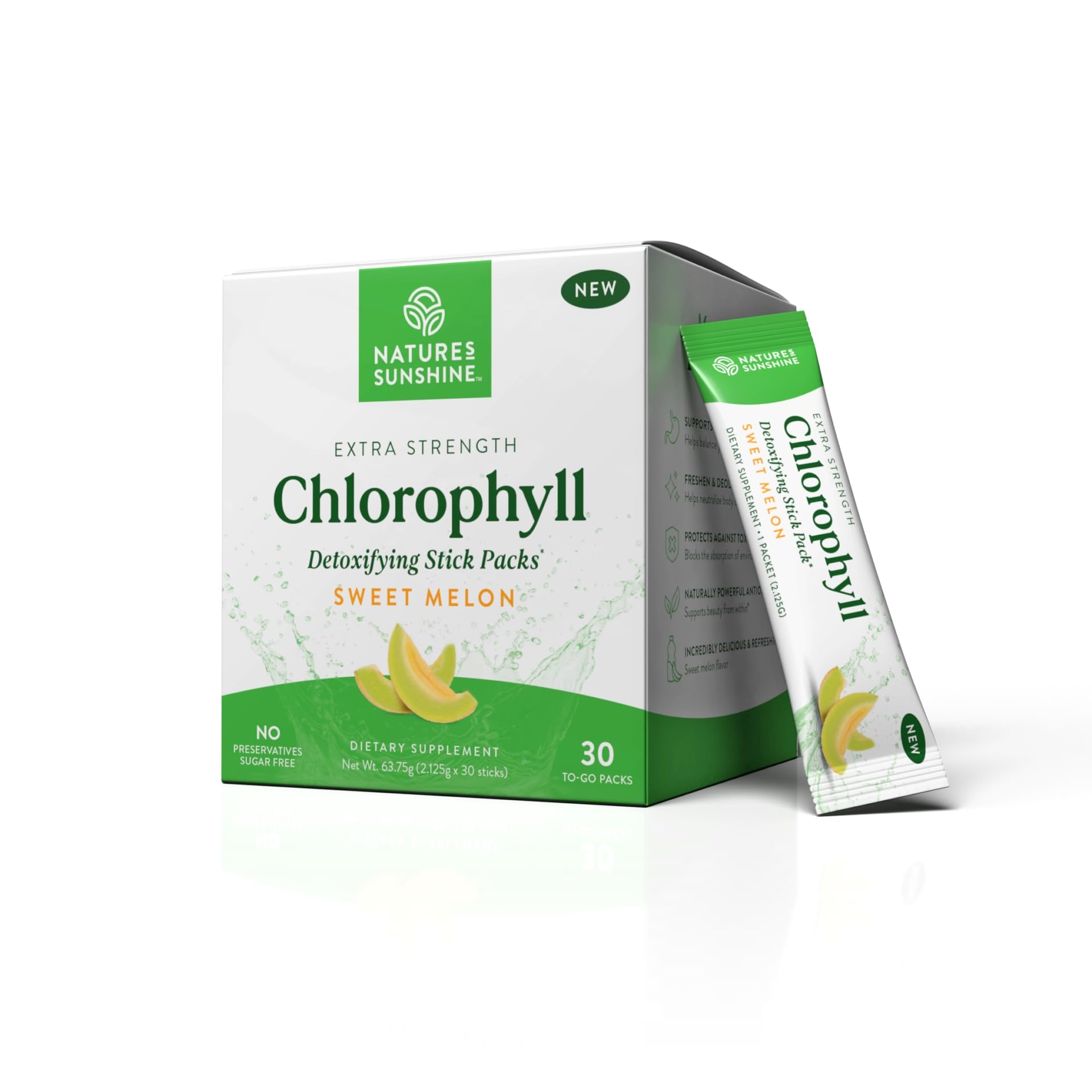 Nature's Sunshine chlorophyll stick pack close-up highlighting portable convenience.