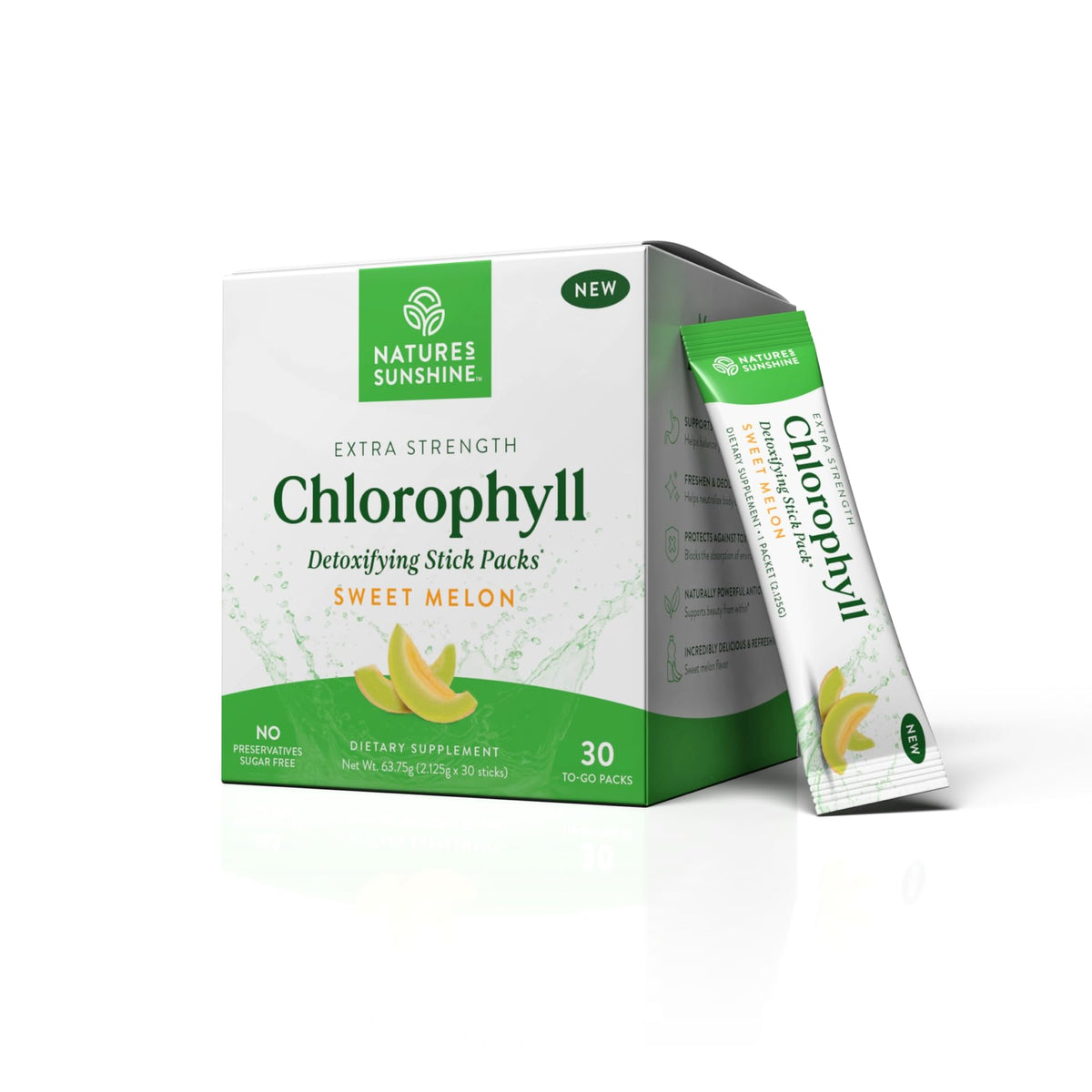 Nature's Sunshine chlorophyll stick pack close-up highlighting portable convenience.