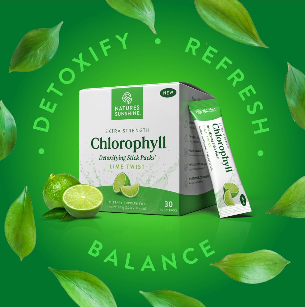 Nature's Sunshine Chlorophyll Stick Pack Lime Twist highlighting eco-friendly packaging and sustainability