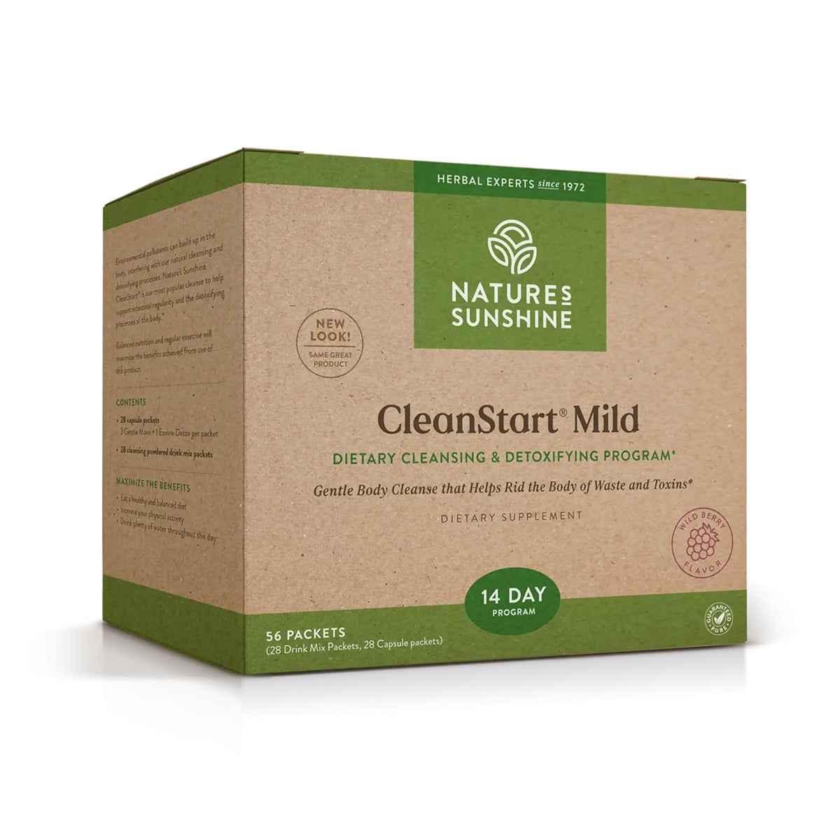 Nature's Sunshine CleanStart Mild box front with 56 packets for daily cleansing
