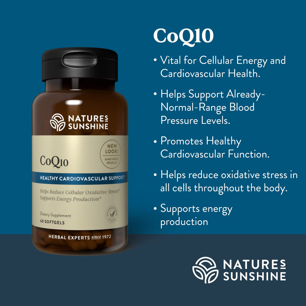 Nature's Sunshine CoQ10-60 capsules back view showing dosage details.