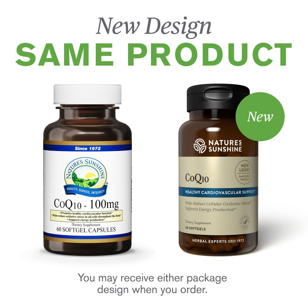 Nature's Sunshine CoQ10-60 softgels in hand illustrating easy use.