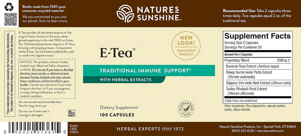 Nature's Sunshine E-Tea Capsules on a kitchen counter suggesting digestive comfort.