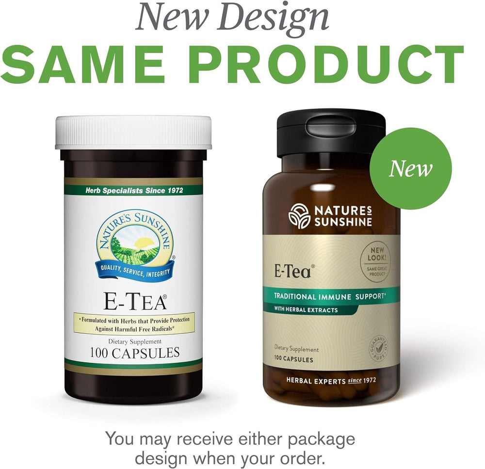 Nature's Sunshine E-Tea Capsules label close-up highlighting capsule form and wellness.