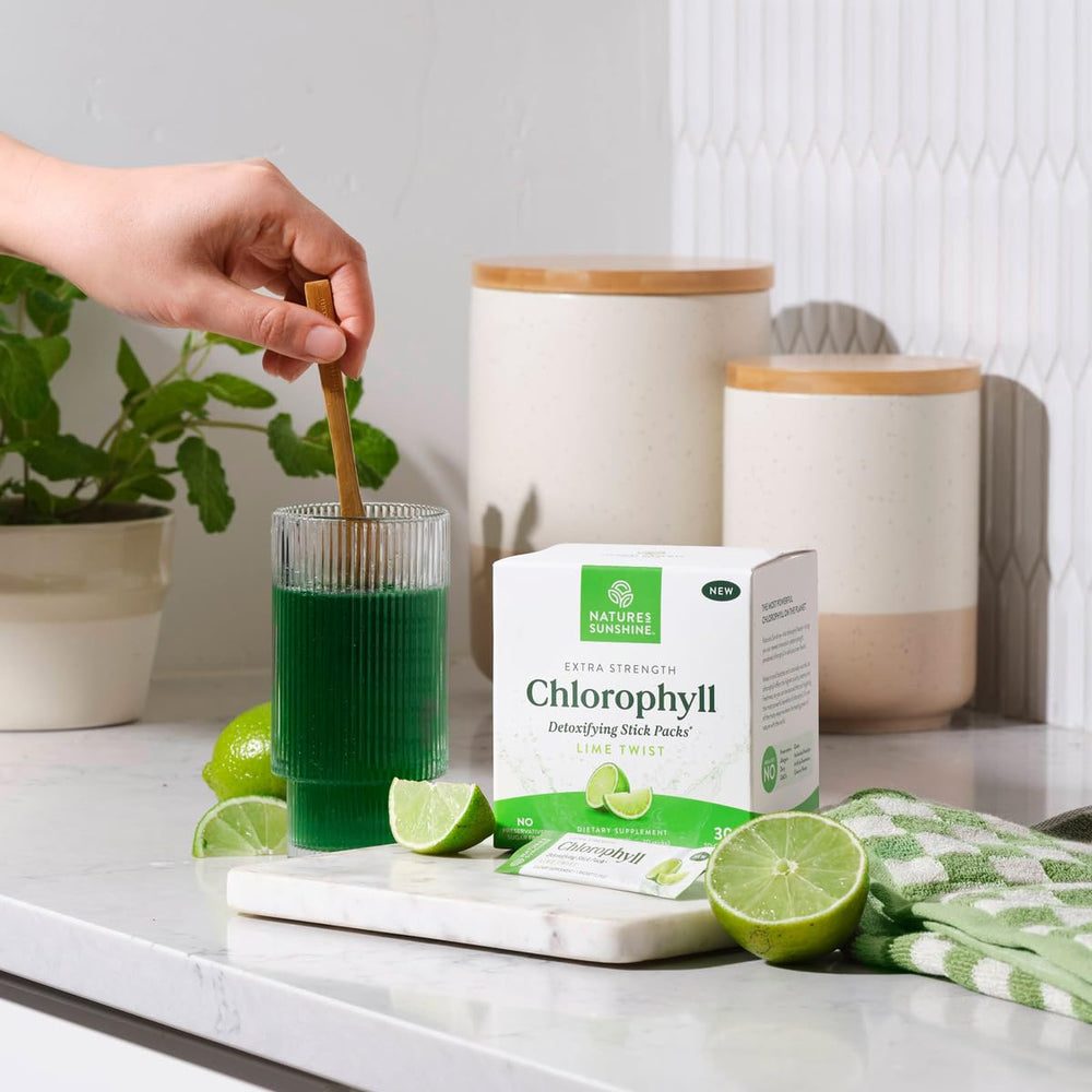 Nature's Sunshine Chlorophyll Stick Pack Lime Twist produced with 100% solar-powered manufacturing