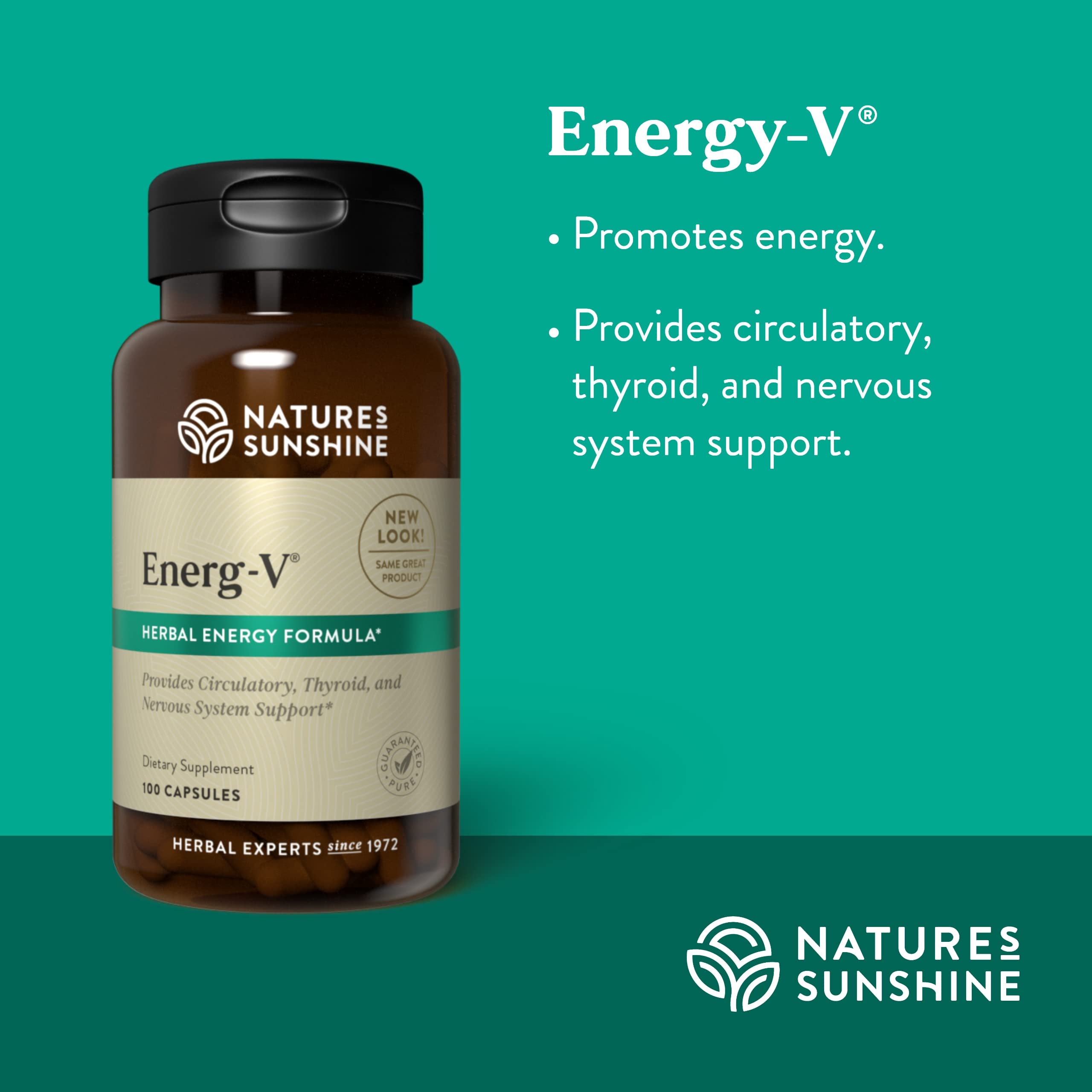 Nature's Sunshine Energ-V capsules in a vial for easy daily use