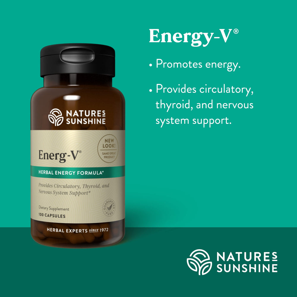 Nature's Sunshine Energ-V capsules in a vial for easy daily use