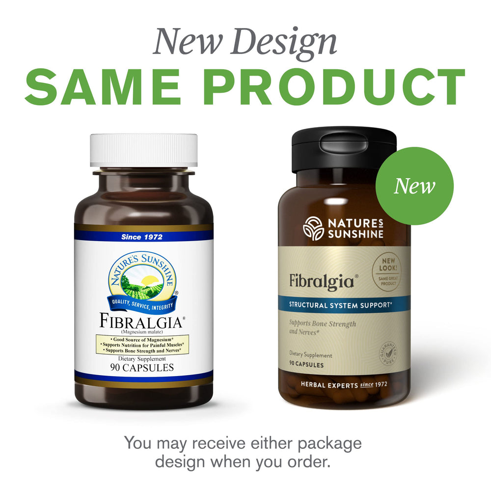 Nature's Sunshine Fibralgia bottle on desk suggests everyday wellness routine