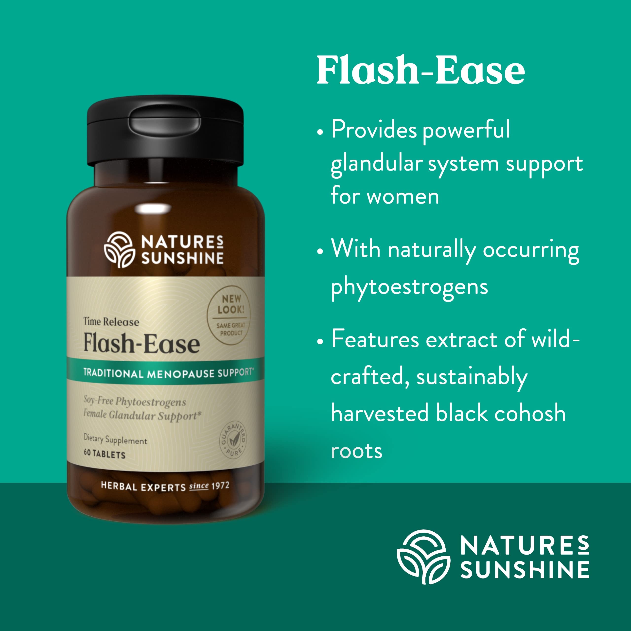 Label close-up with ingredient highlights: black cohosh, dong quai, balance.