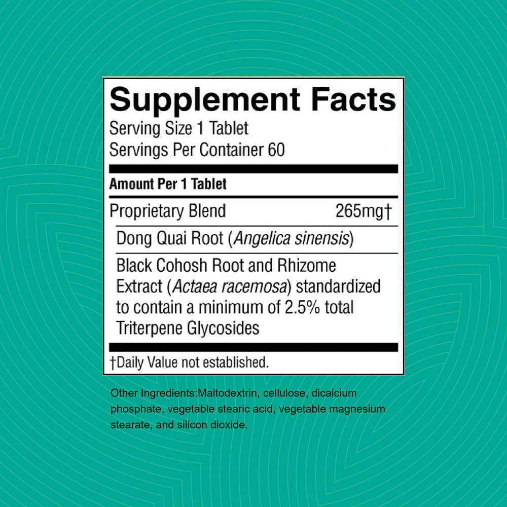 Flash Ease TR packaging label detailing black cohosh and dong quai.