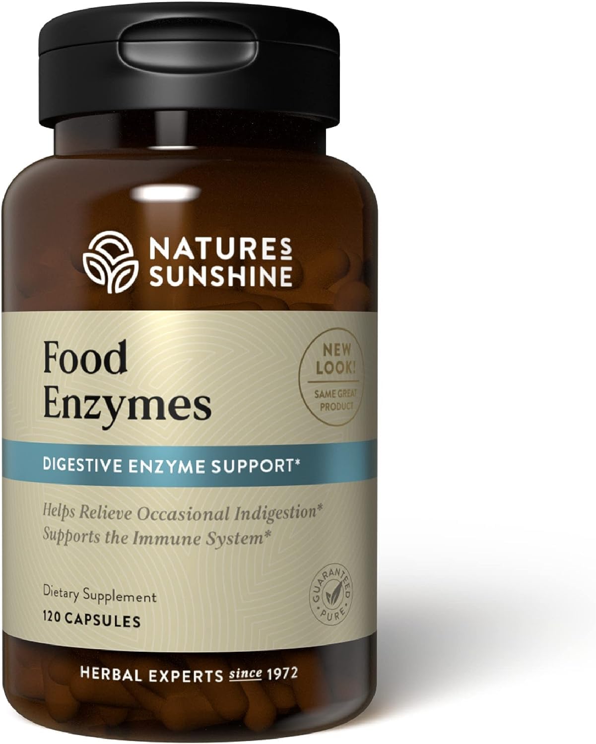 Nature's Sunshine Food Enzymes bottle pour, supports digestion after meals.