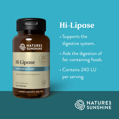 Natures Sunshine Hi Lipase bottle side view indicating 100 capsules per bottle
