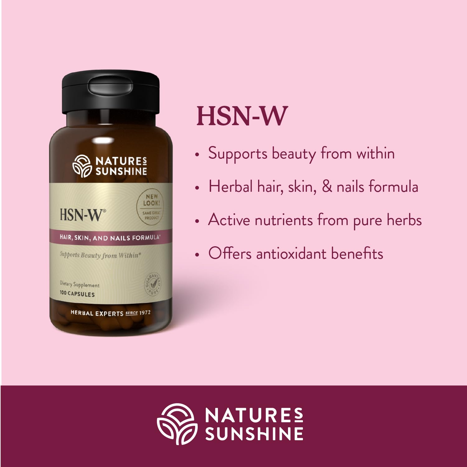 Nature's Sunshine HSN-W capsules close-up emphasizes potency and consistent manufacturing standards