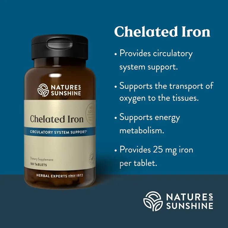 Nature's Sunshine Iron-Chelated 25mg bottle pouring tablets for daily iron support.