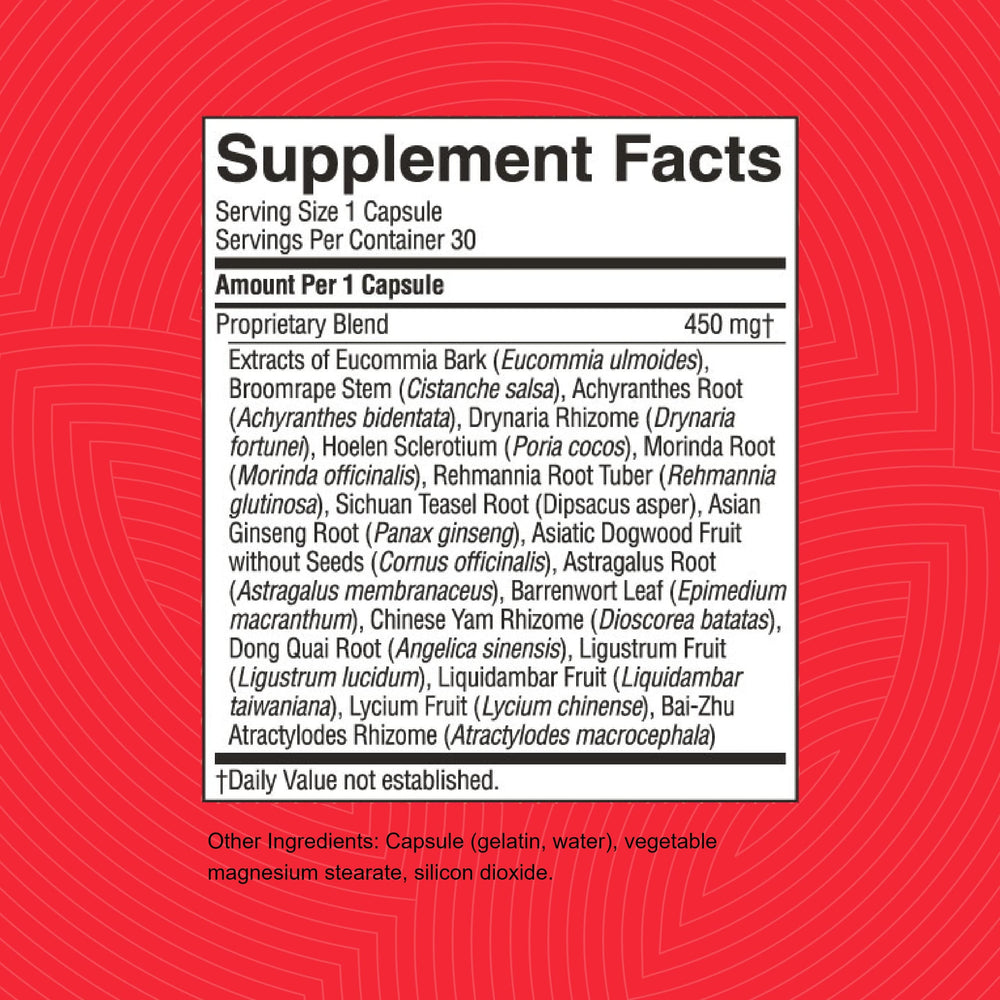 Close-up of KB-C herbal blend highlighting eucommia and other traditional ingredients.