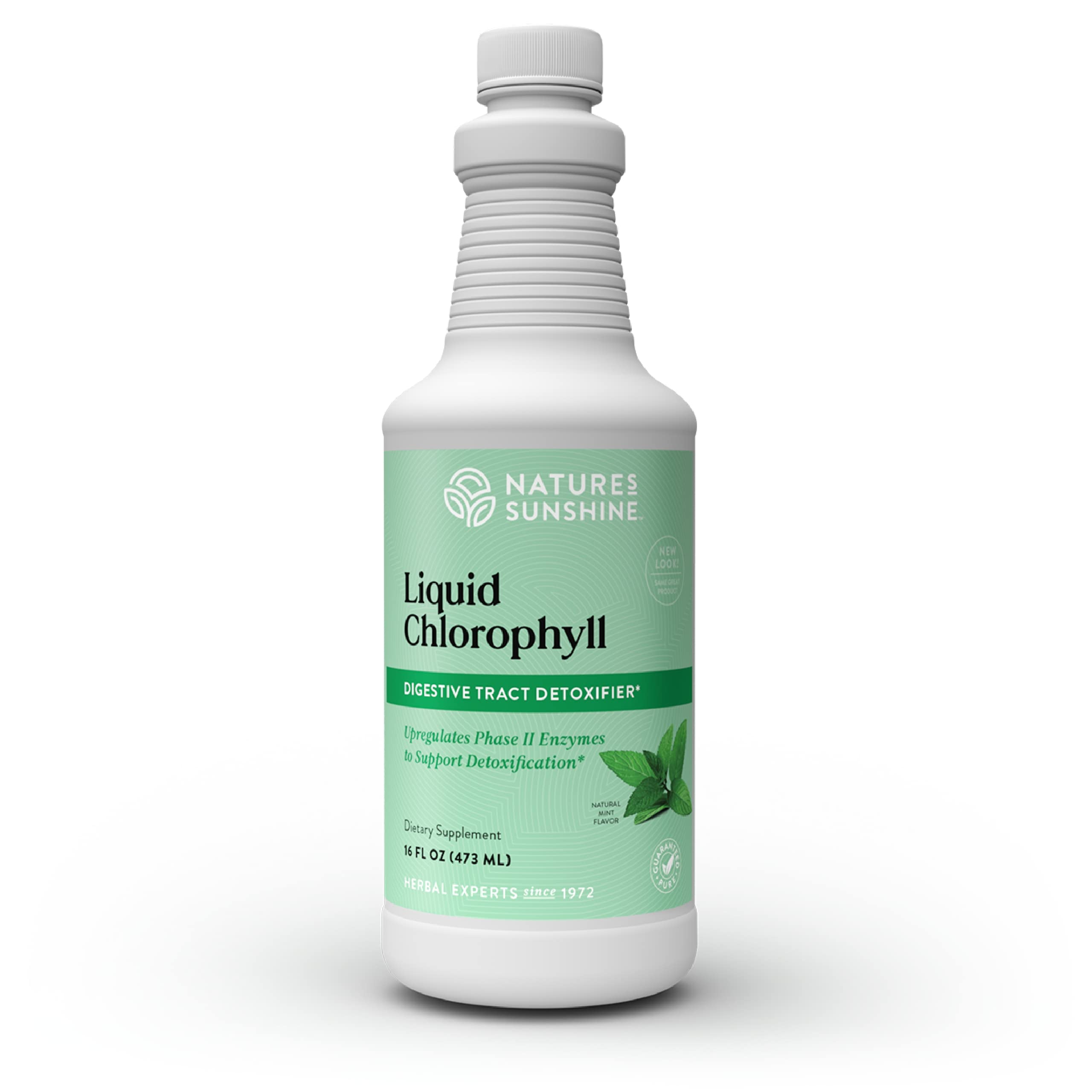Nature's Sunshine Liquid Chlorophyll bottle with spearmint oil label and green liquid.