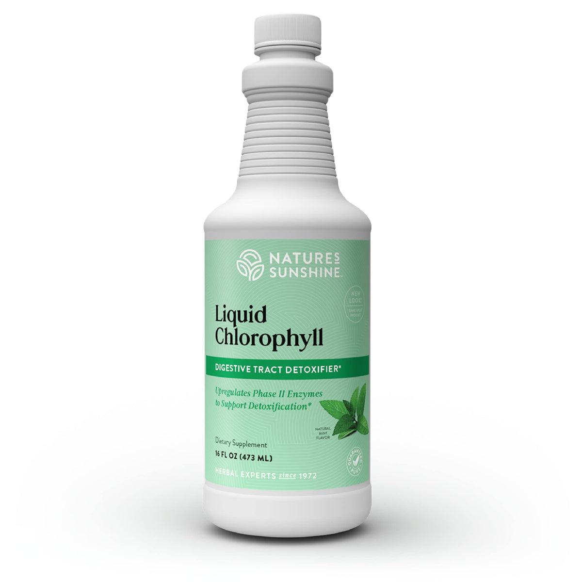 Nature's Sunshine Liquid Chlorophyll bottle with spearmint oil label and green liquid.