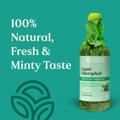 Nature's Sunshine Liquid Chlorophyll close-up highlights spearmint flavor for daily hydration.