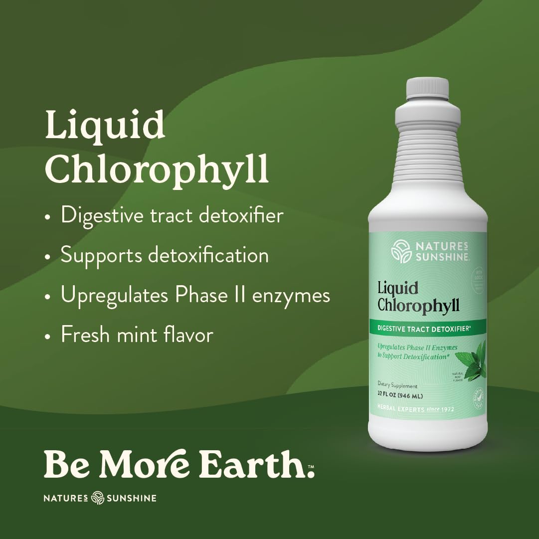 Nature's Sunshine Liquid Chlorophyll drops with measuring dropper for easy dosing.