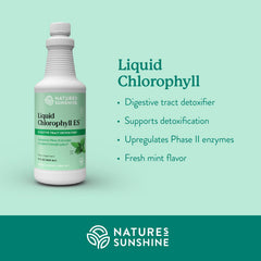 Nature's Sunshine Liquid Chlorophyll label close-up showing 16 fl oz and herbal heritage.