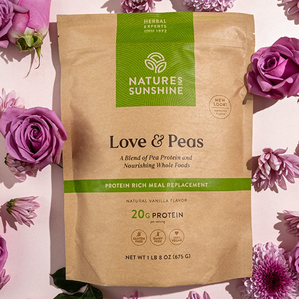 Nature's Sunshine Love and Peas bag back—vegan certified and allergen-free ingredients.