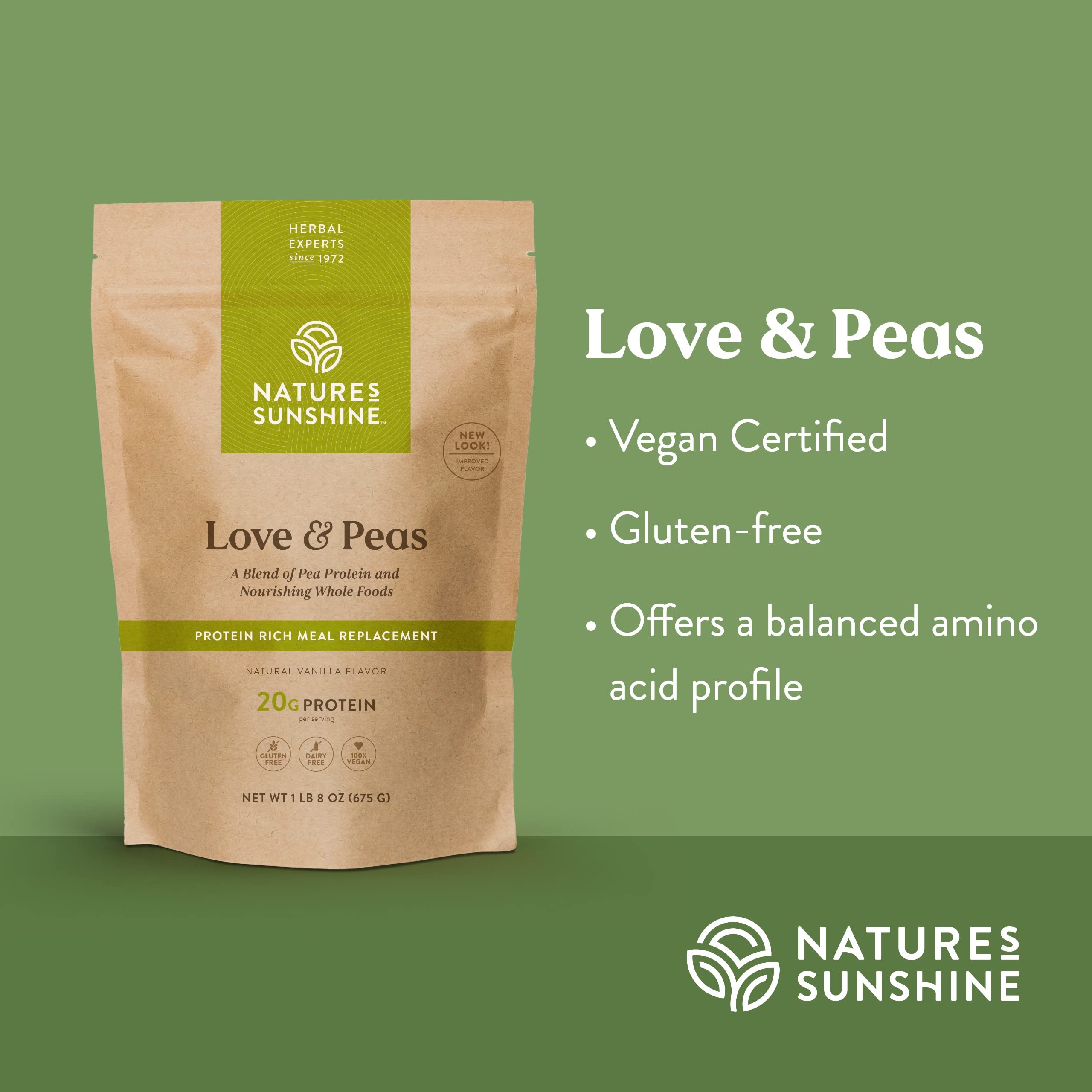 Nature's Sunshine Love and Peas texture close-up—nuanced natural color and fine powder.