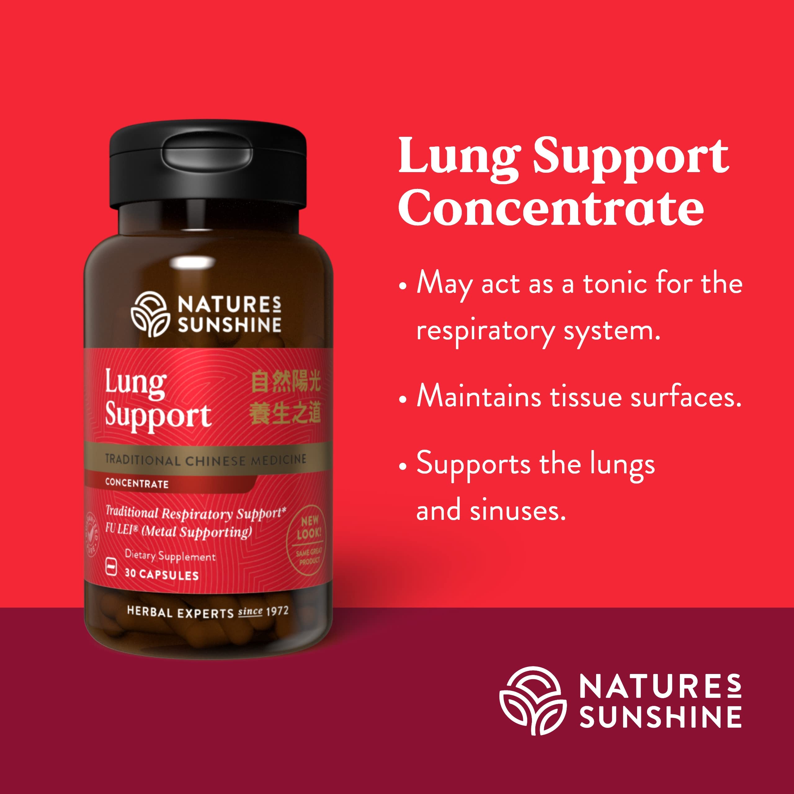 Front packaging displays Nature's Sunshine Lung Support Chinese TCM Concentrate label.