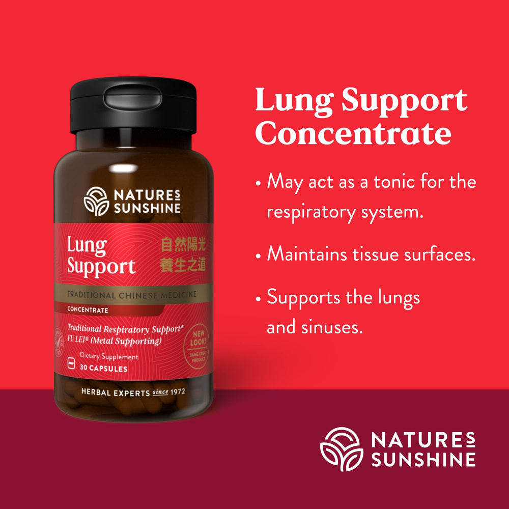 Front packaging displays Nature's Sunshine Lung Support Chinese TCM Concentrate label.
