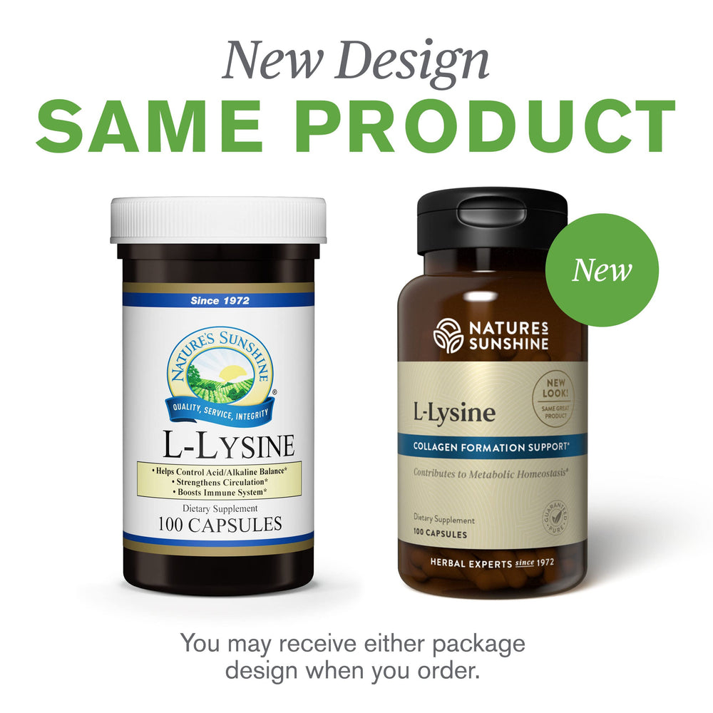 Nature's Sunshine L-Lysine bottle with ingredients panel indicating recommended daily use.