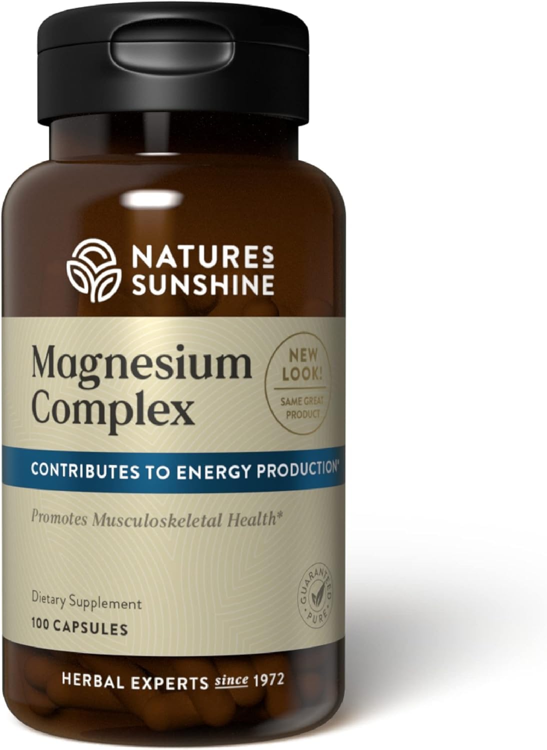 Nature's Sunshine Magnesium Complex bottle front—daily relaxation support from high-potency citrate and malate.