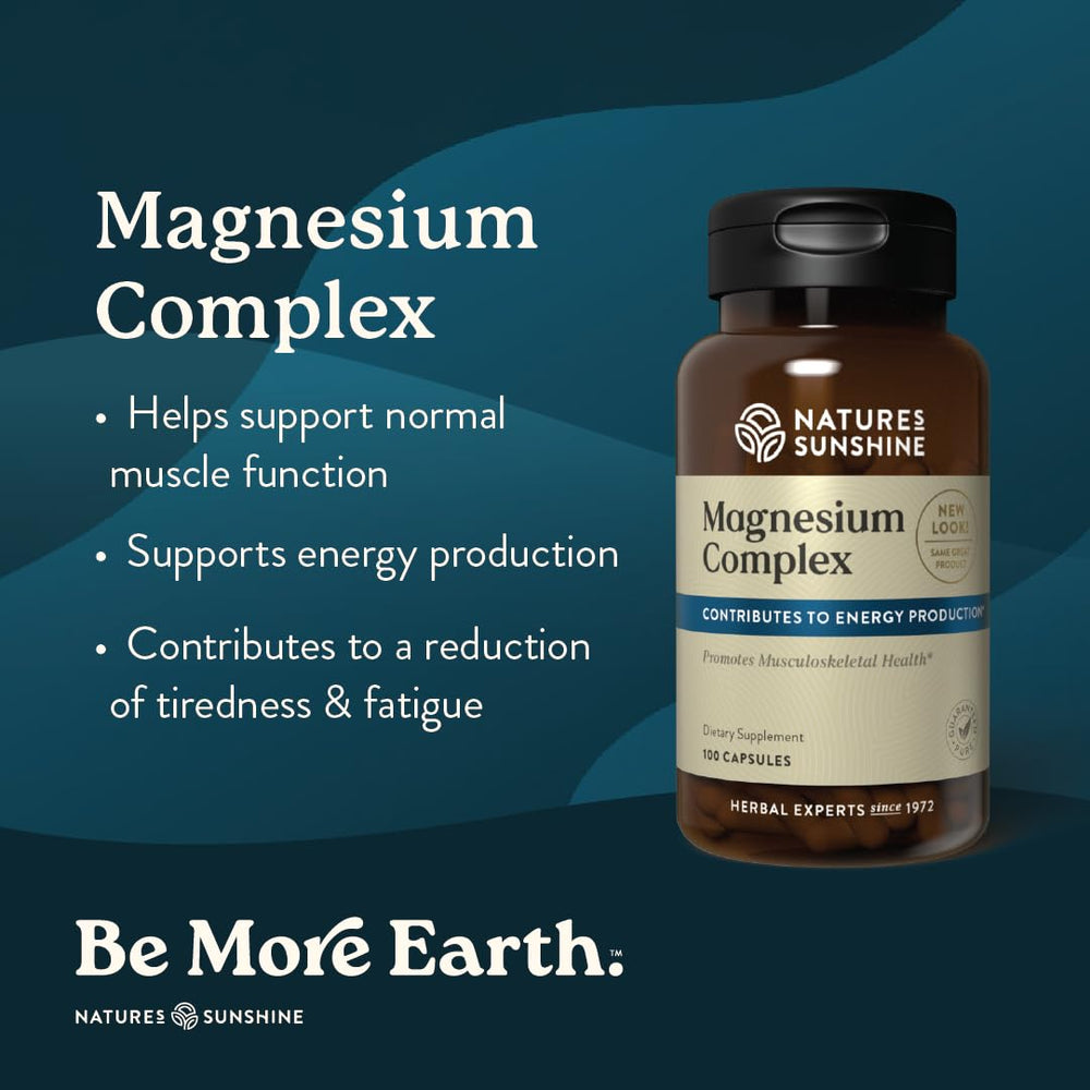 Nature's Sunshine Magnesium Complex capsules—easy-to-swallow capsules with no aftertaste.