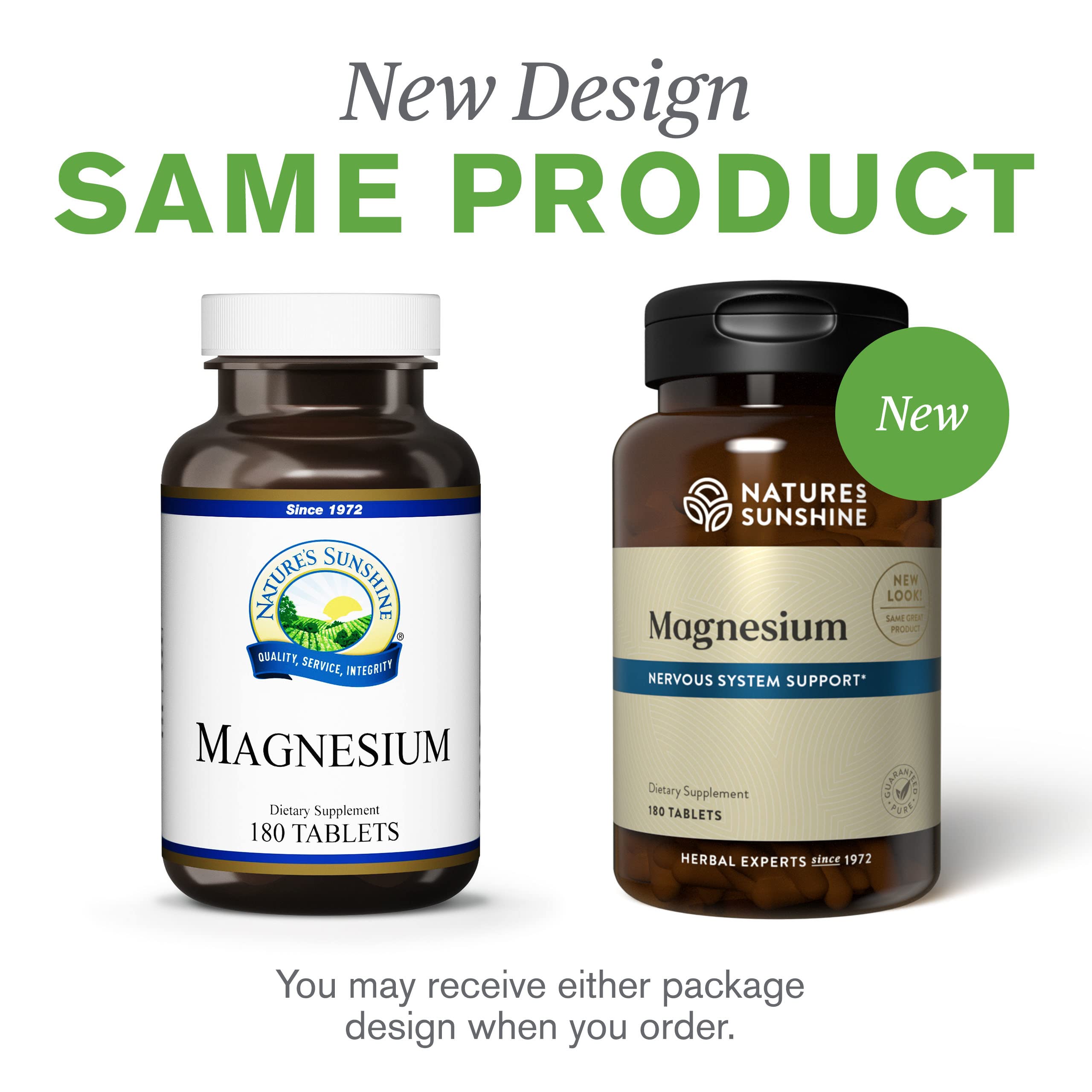Nature's Sunshine Magnesium packaging detail emphasizing quality and heritage