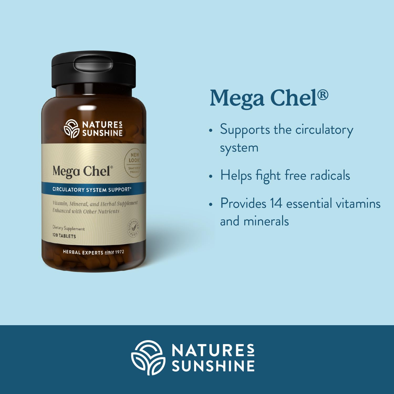 Nature's Sunshine Mega-Chel bottle with label highlighting trusted purity and long-standing quality.