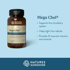 Nature's Sunshine Mega-Chel bottle with label highlighting trusted purity and long-standing quality.