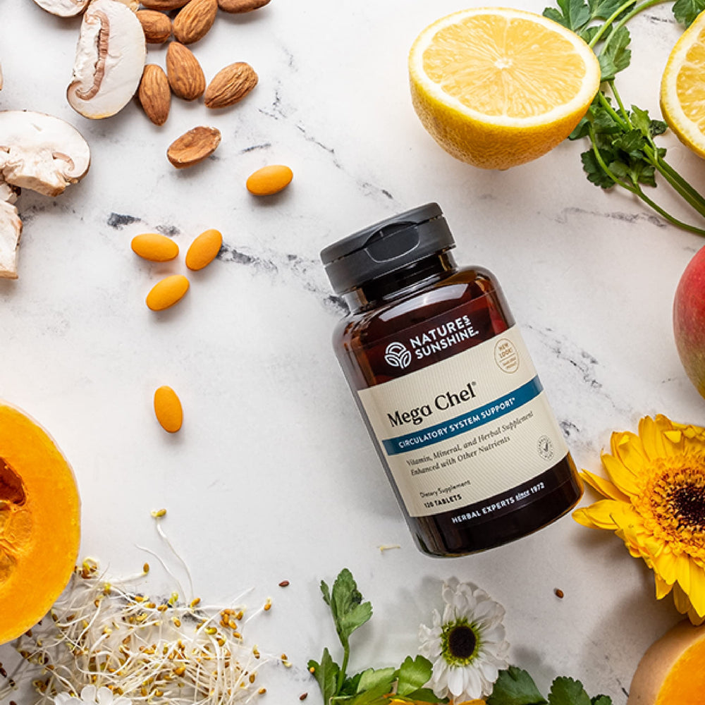 Nature's Sunshine Mega-Chel vial and packaging for on-the-go use.