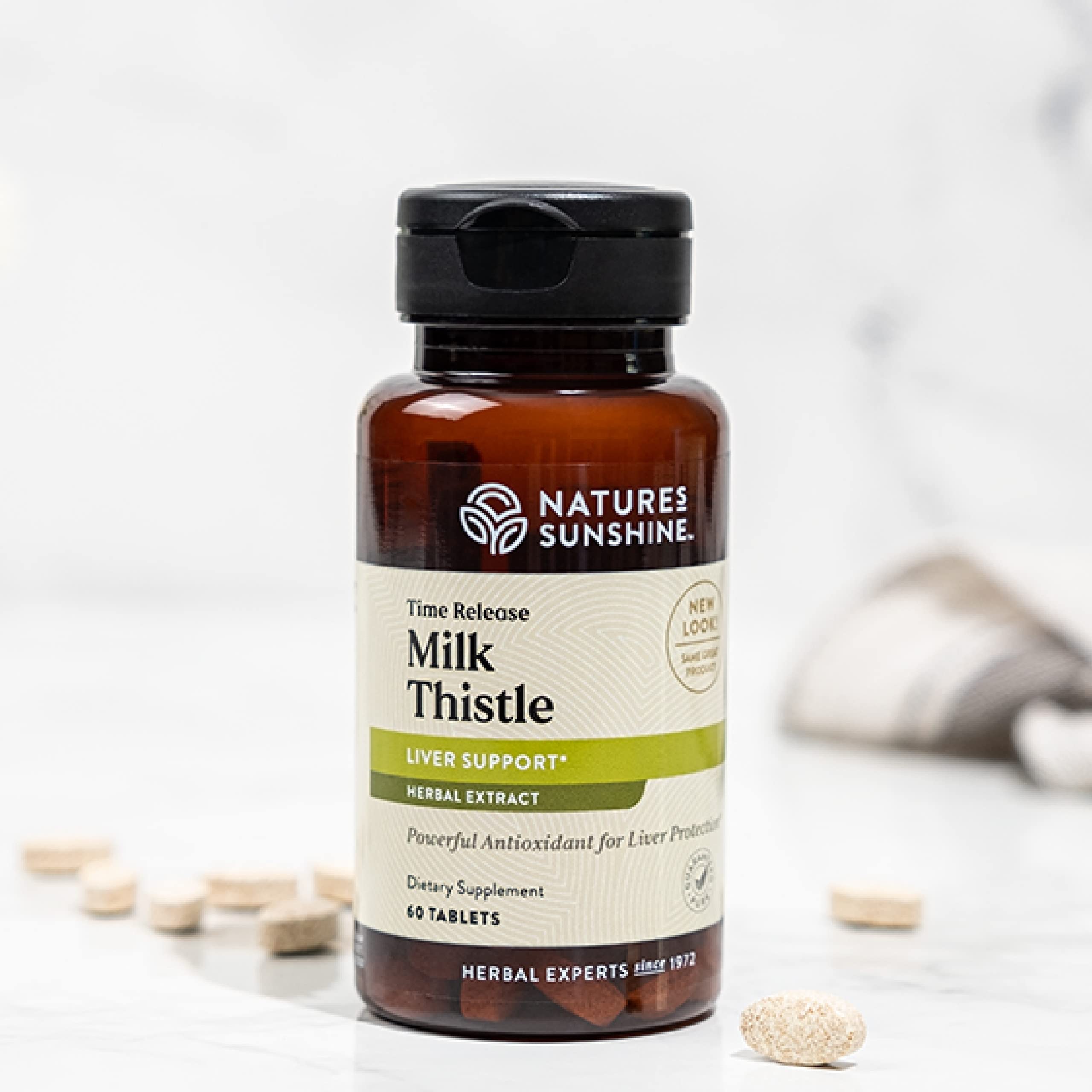 Nature's Sunshine Milk Thistle bottle label view highlights natural ingredients.