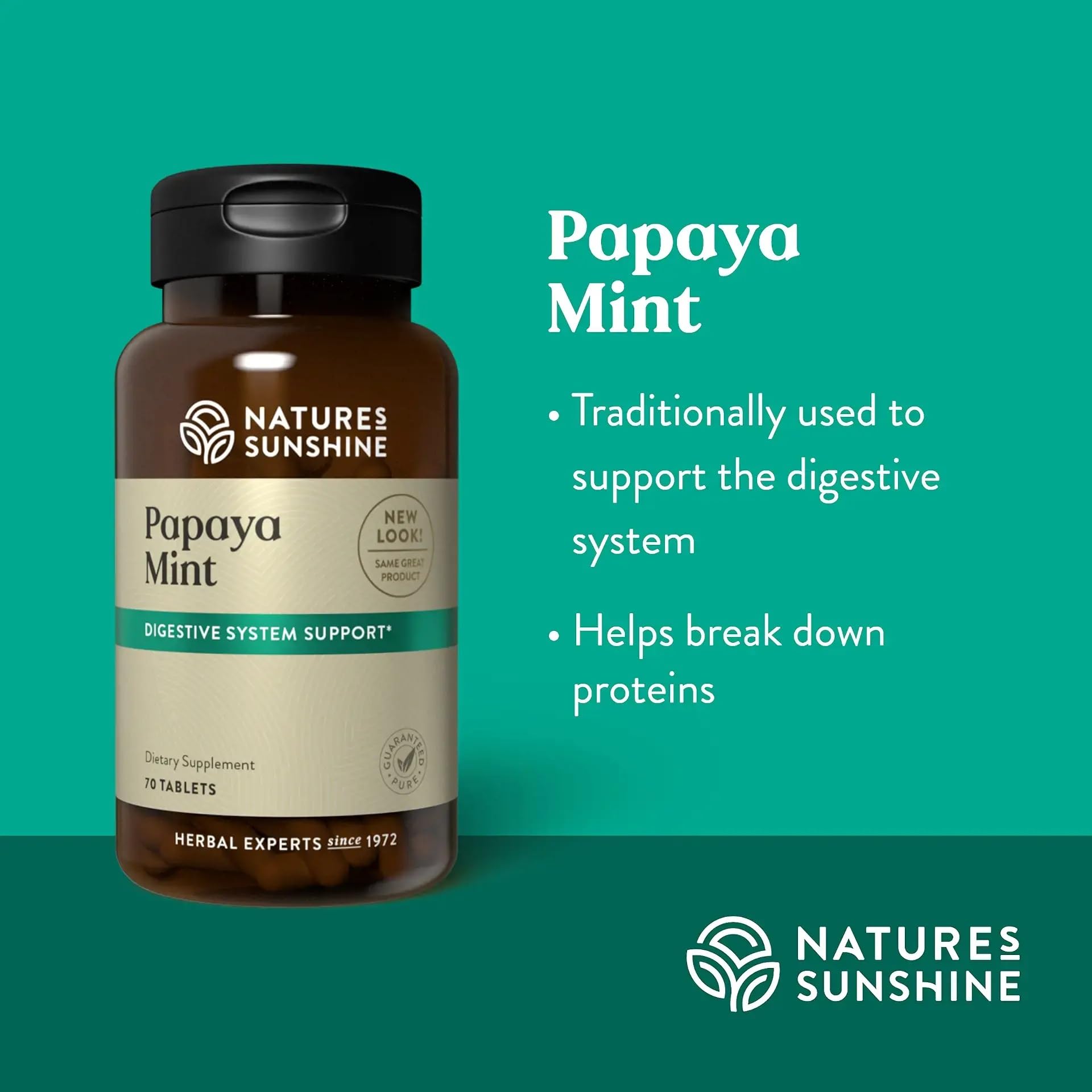 Bottle open with Nature's Sunshine Papaya Mint tablets for daily energy and fresh breath.