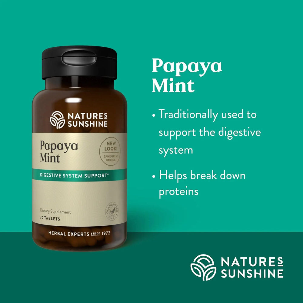 Bottle open with Nature's Sunshine Papaya Mint tablets for daily energy and fresh breath.