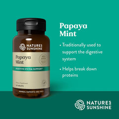 Bottle open with Nature's Sunshine Papaya Mint tablets for daily energy and fresh breath.