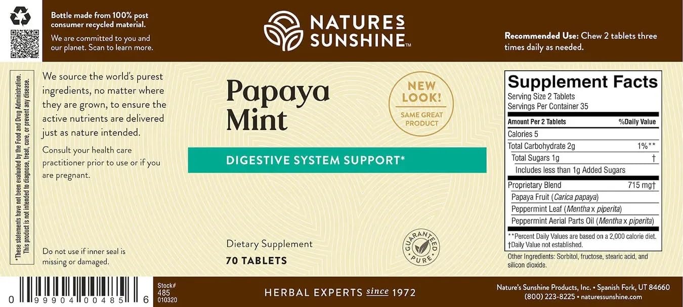 Nature's Sunshine Papaya Mint with peppermint leaves illustrating digestion support aroma.