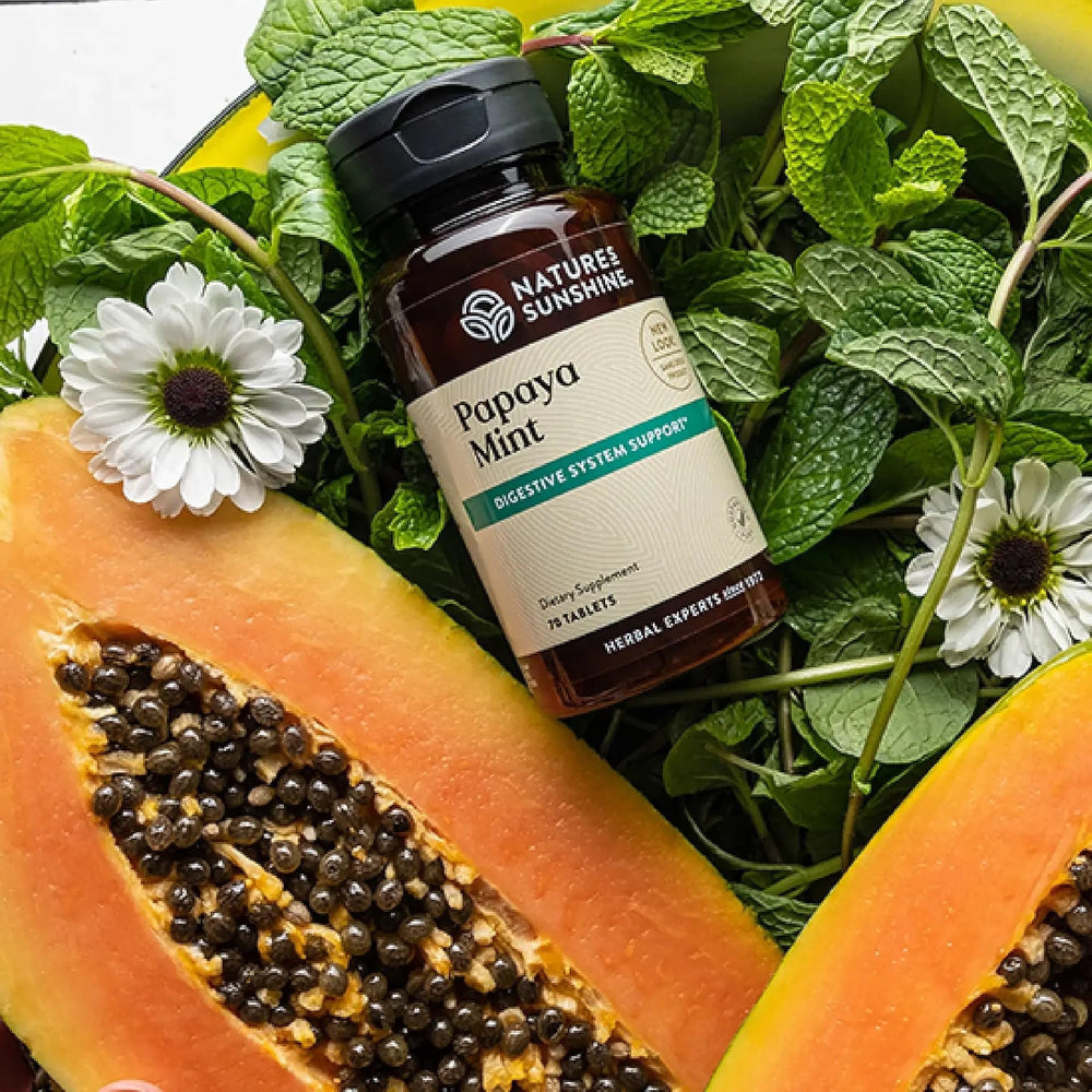 Nature's Sunshine Papaya Mint tablets close-up showing natural ingredients for digestion.