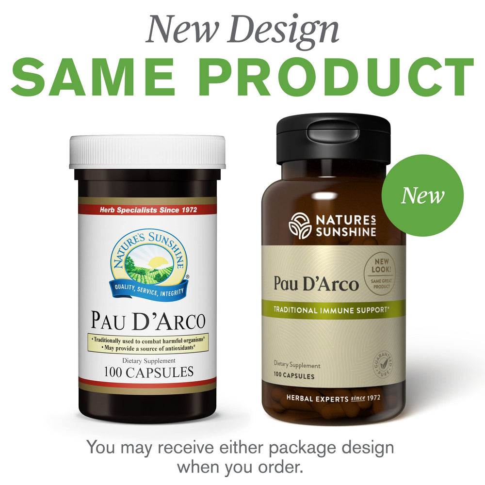 Nature's Sunshine Pau D'Arco bottle back – dosage guidance for safe use.